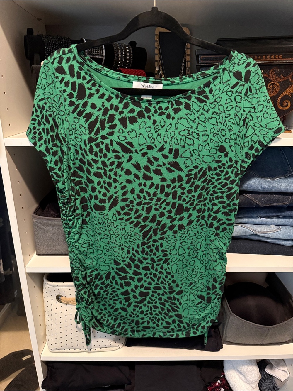 White House Black Market Green and Black Animal Print Short Sleeve Tee